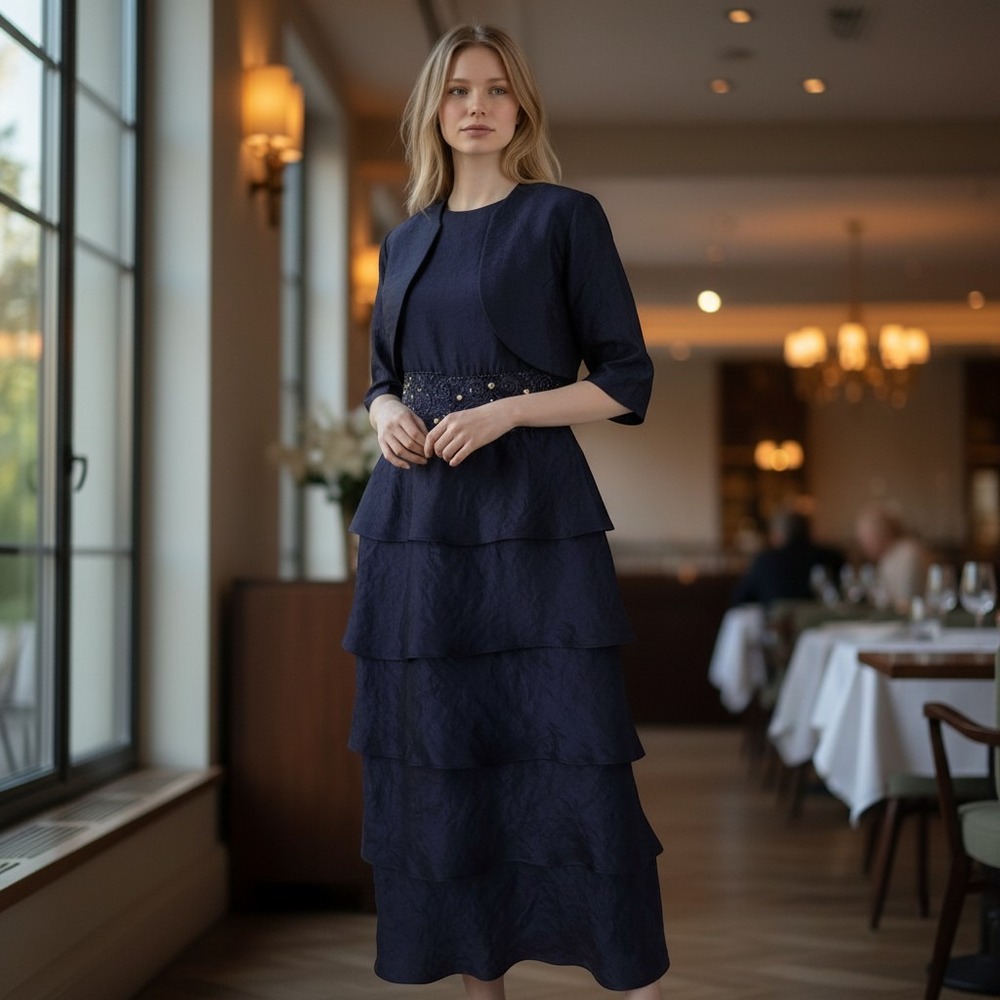 R&M Richards Dress Set Navy Blue Tiered Ruffle Bolero Jacket Womens 18W